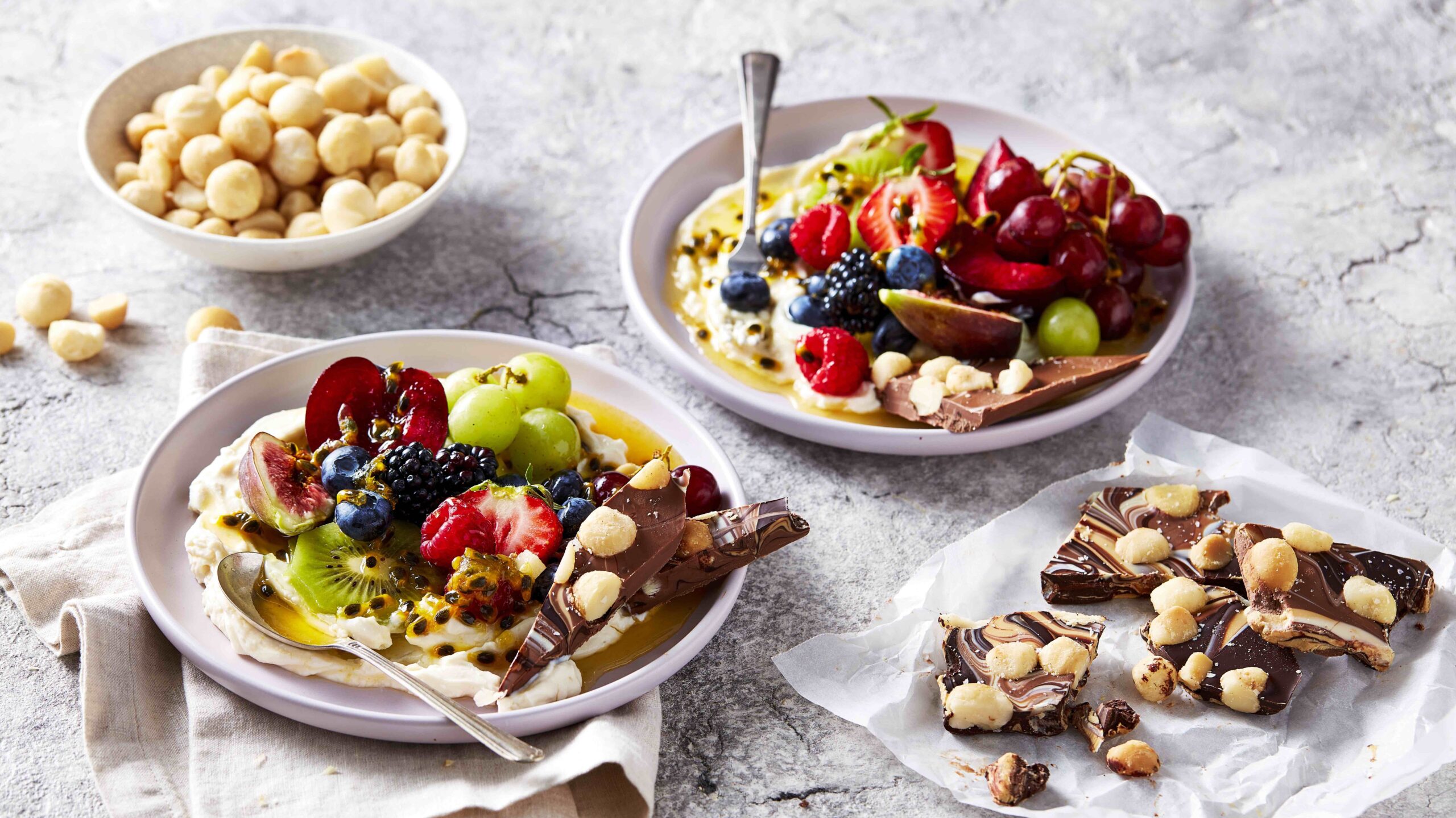 Fruit platter with macadamia chocolate bark