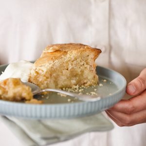 Slice of apple and macadamia frangipane pie