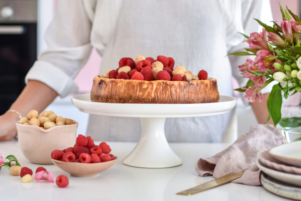 Macadamia and raspberry baked cheesecake