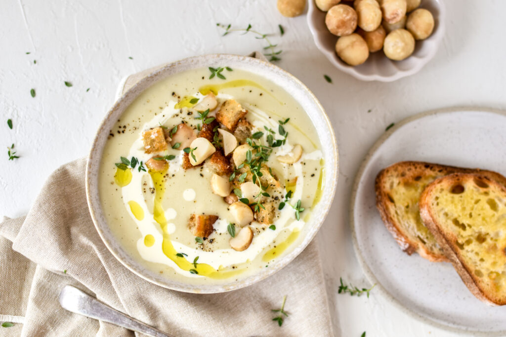 Potato, leek and roasted macadamia soup