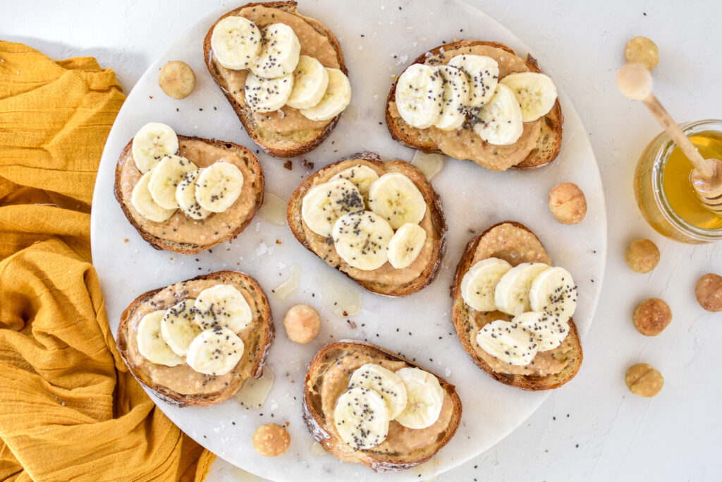 Salted macadamia butter, banana and honey crostinis