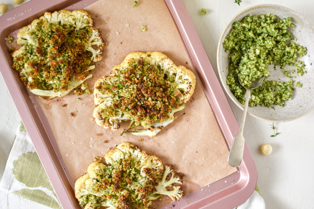 herb & garlic macadamia crumb with roasted cauliflower steaks