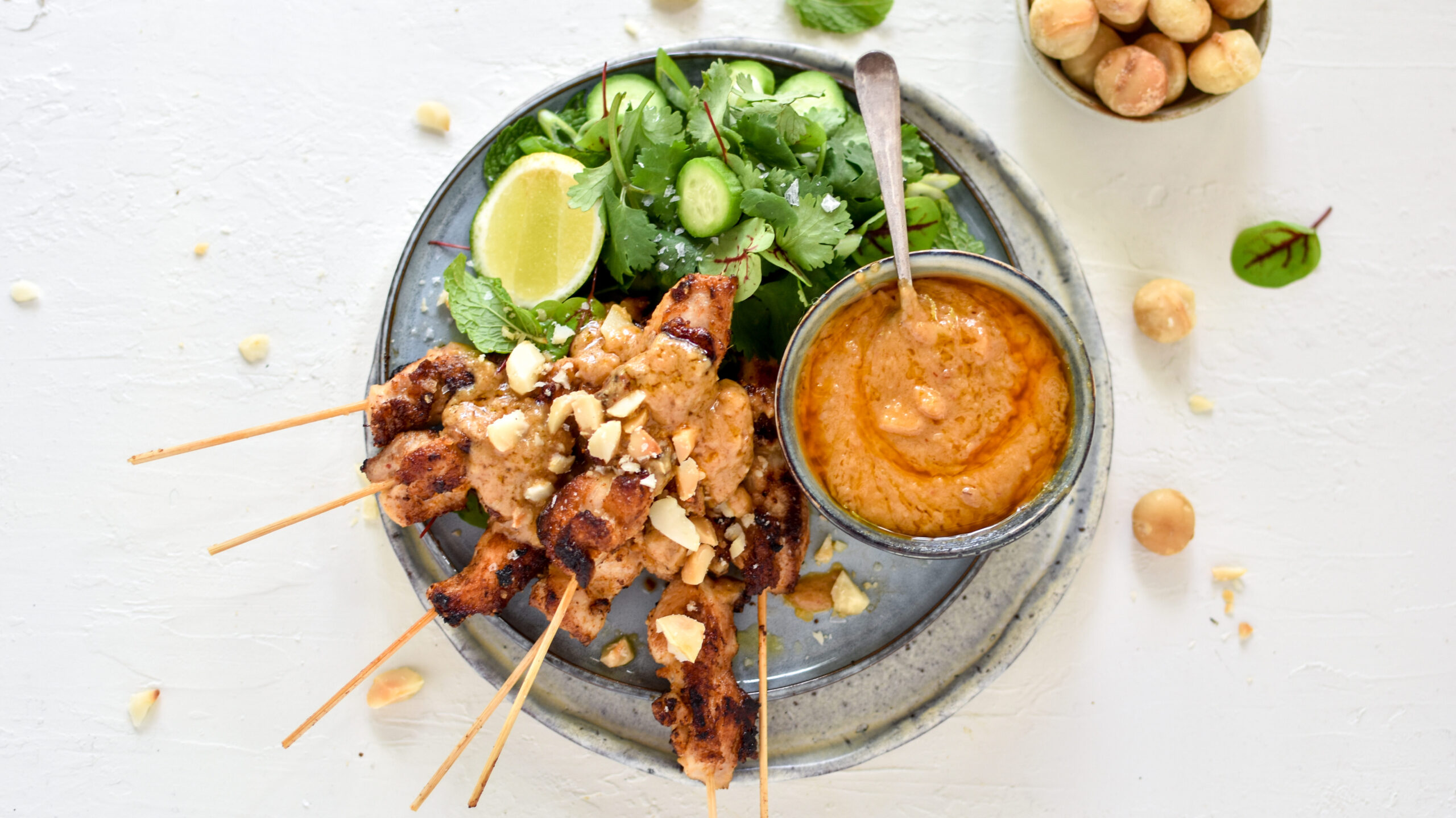 Thai style macadamia chicken satay skewers