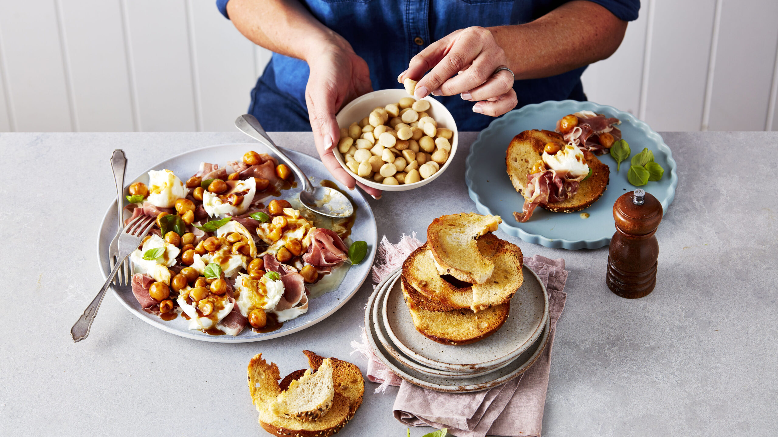 Scorched honey macadamias with buffalo mozzarella and prosciutto