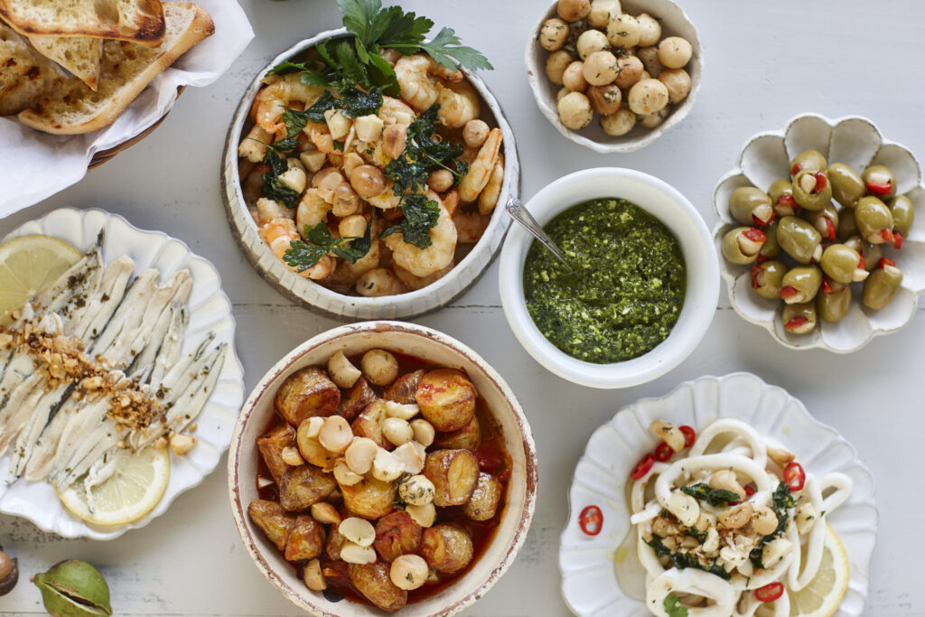 Mediterranean feast for summer featuring macadamia nuts.