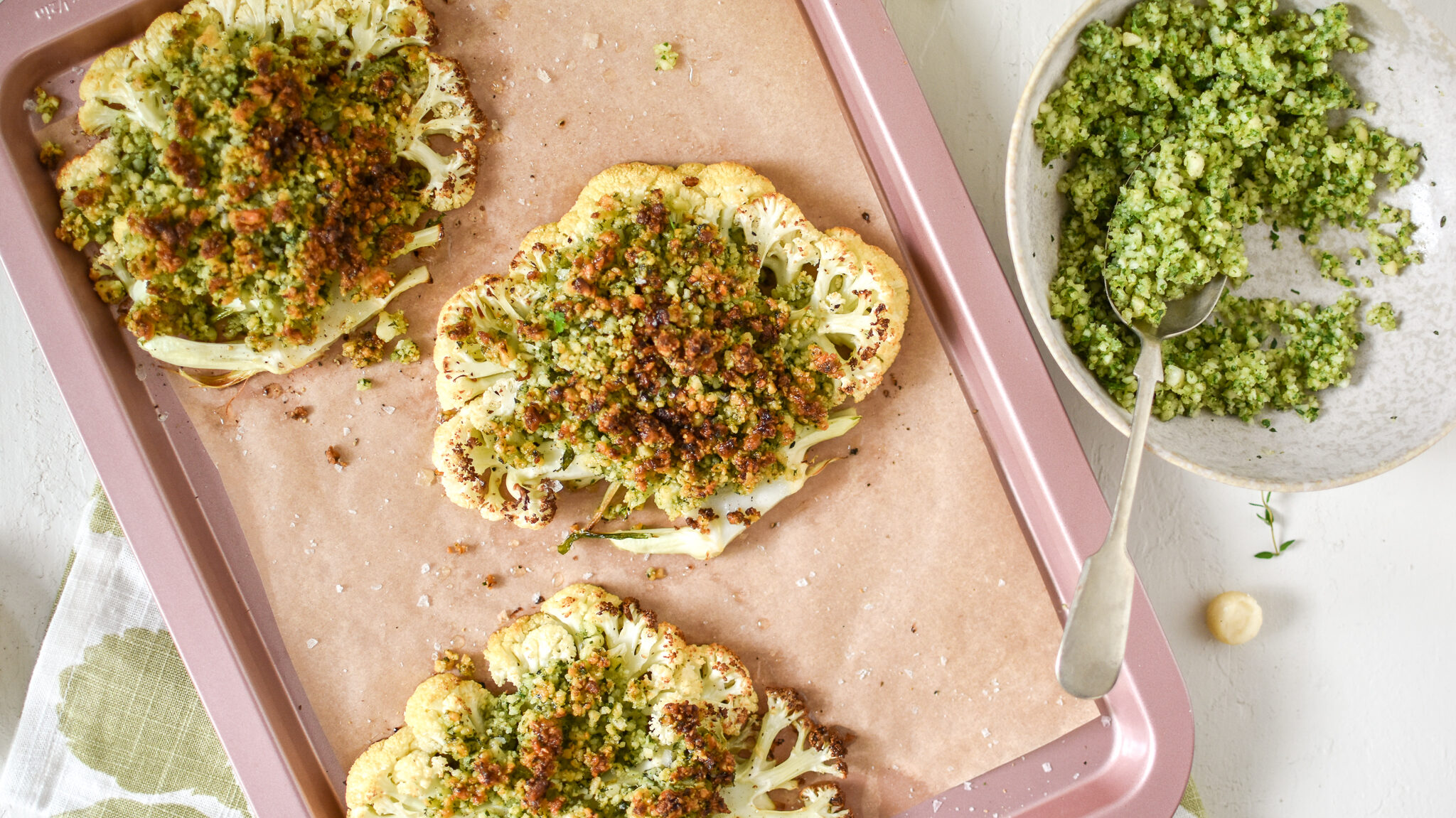 herb & garlic macadamia crumb with roasted cauliflower steaks