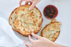 Chinese style macadamia and spring onion pancakes