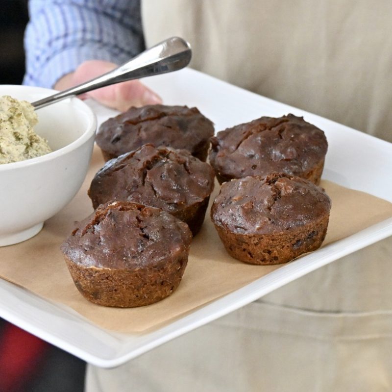 Macadamia and date breakfast pudding with macadamia and lemon myrtle crème fraiche