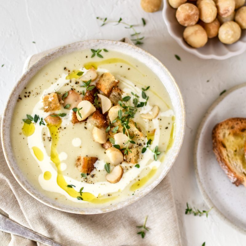 Potato, leek and roasted macadamia soup