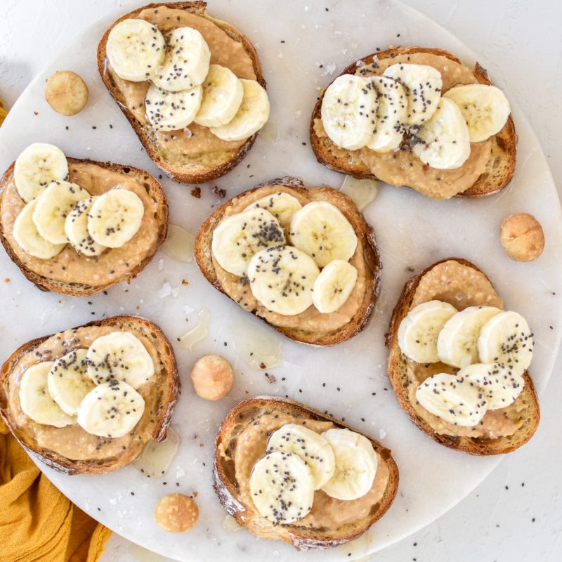 Salted macadamia butter, banana and honey crostinis