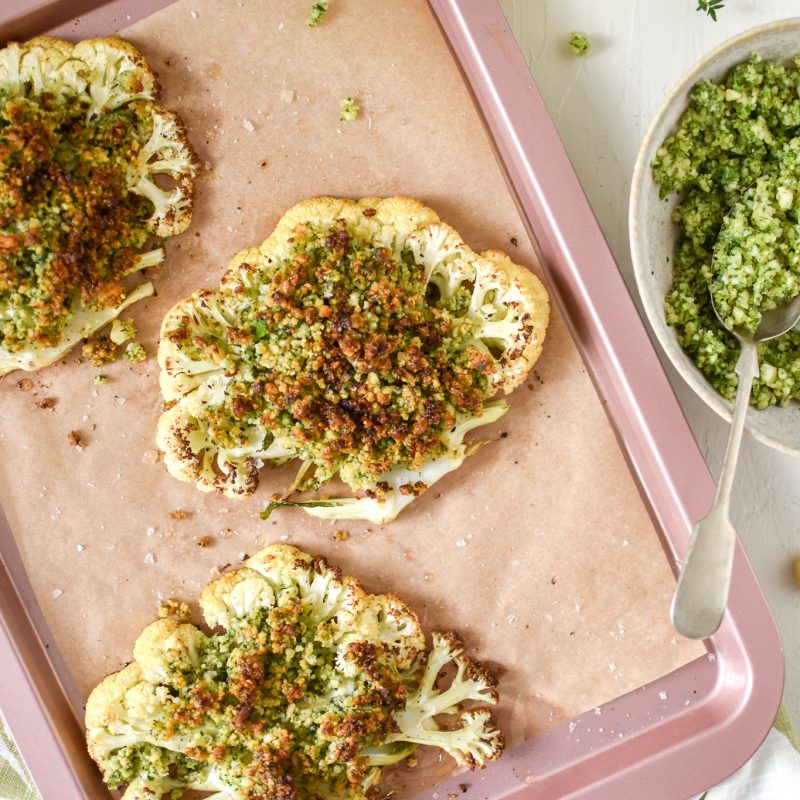 herb & garlic macadamia crumb with roasted cauliflower steaks