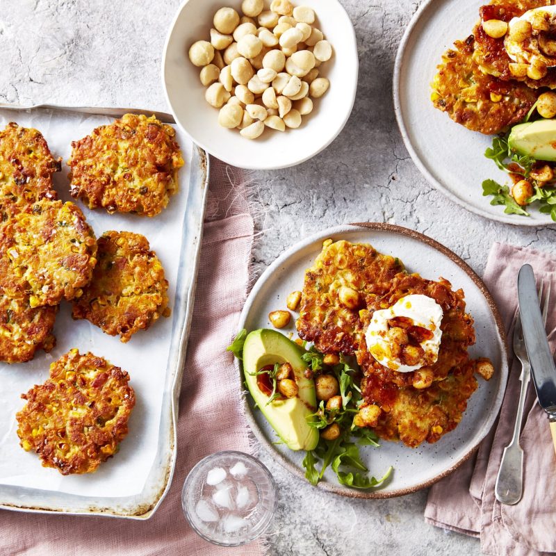 Macadamia corn fritters on tray