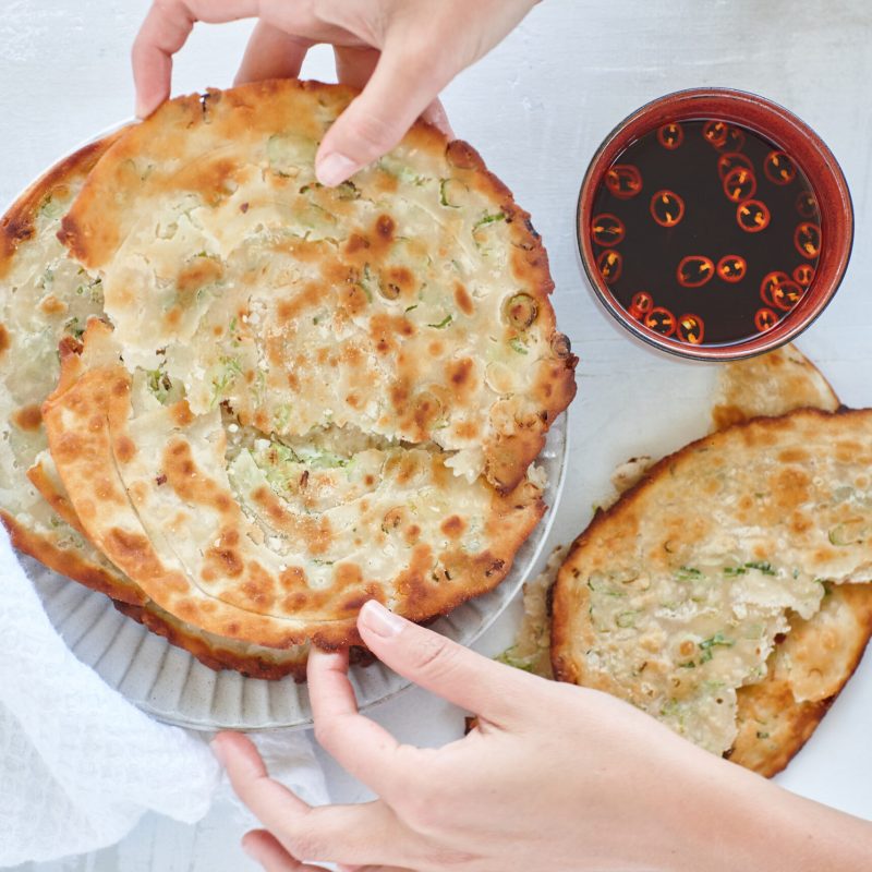 Chinese style macadamia and spring onion pancakes