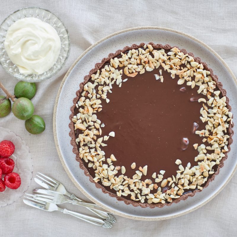 Macadamia and chocolate tart with chocolate macadamia pastry