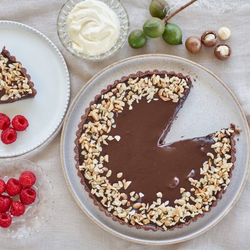 chocolate tart with chocolate macadamia pastry