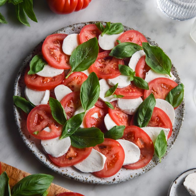 Vegan macadamia mozzarella in a caprese salad 3